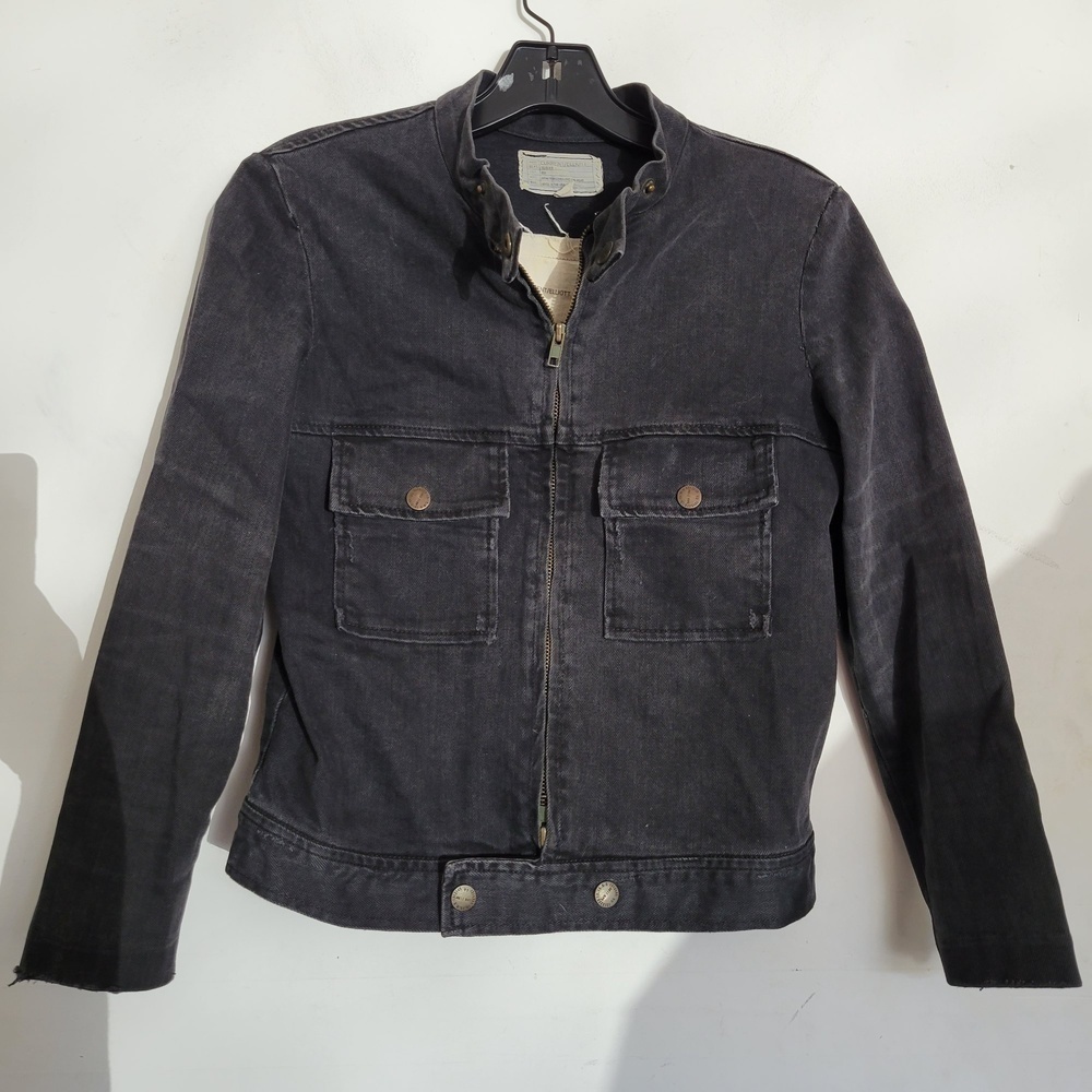 Current/Elliott Distressed The Moto Jacket Denim Jean Ash Washed Out Black Sz 0